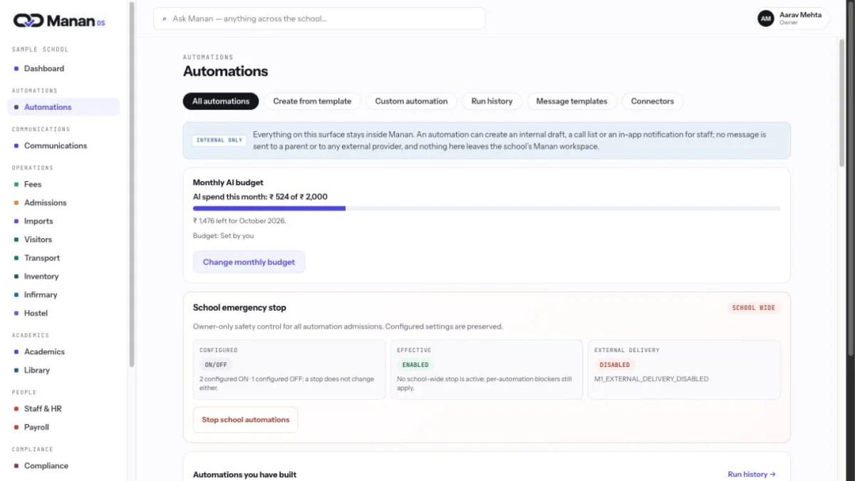 From source record to reviewed action. · Product UI, sample school records