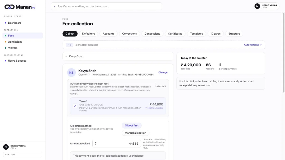 From fee exception to day close. · Product UI, sample school records