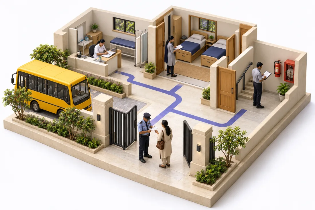Campus: Visitor & gate workflows, Transport, Health & infirmary, Hostel, Compliance & inspection