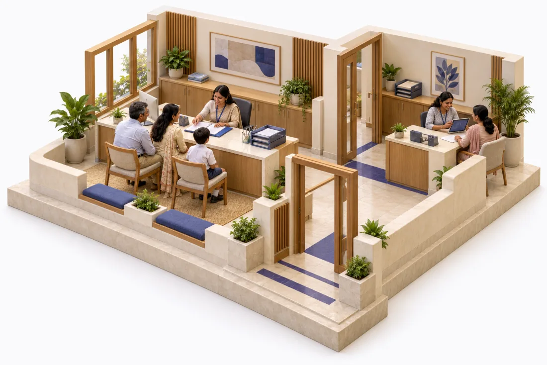 Admissions staff reviewing an application with a family beside a guardian-services desk