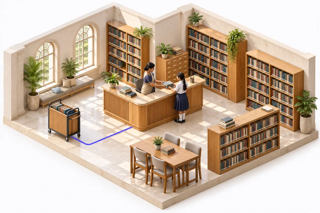 Library: conceptual school-work illustration