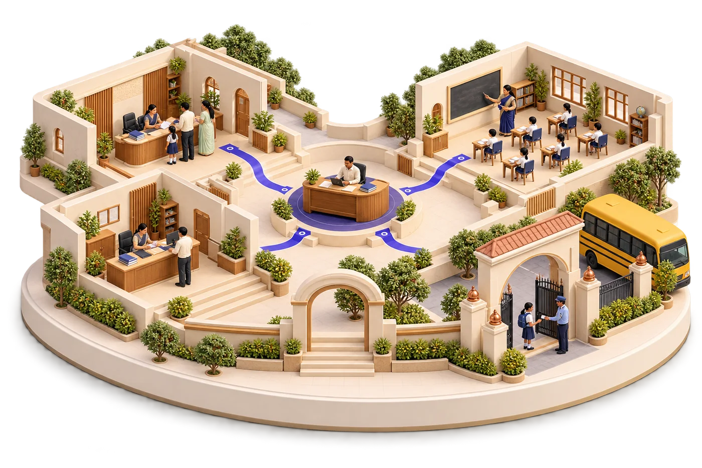 School teams in admissions, fees, learning and campus operations connected through a central review desk