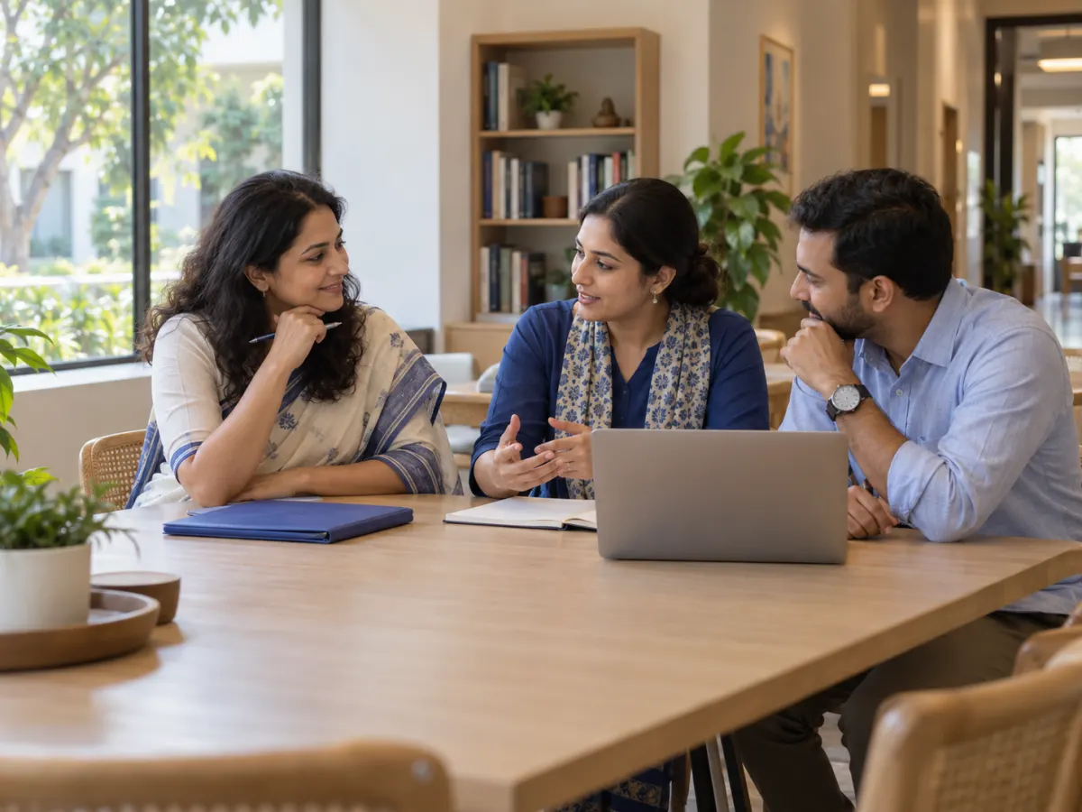 A conceptual scene of three Indian school leaders planning together